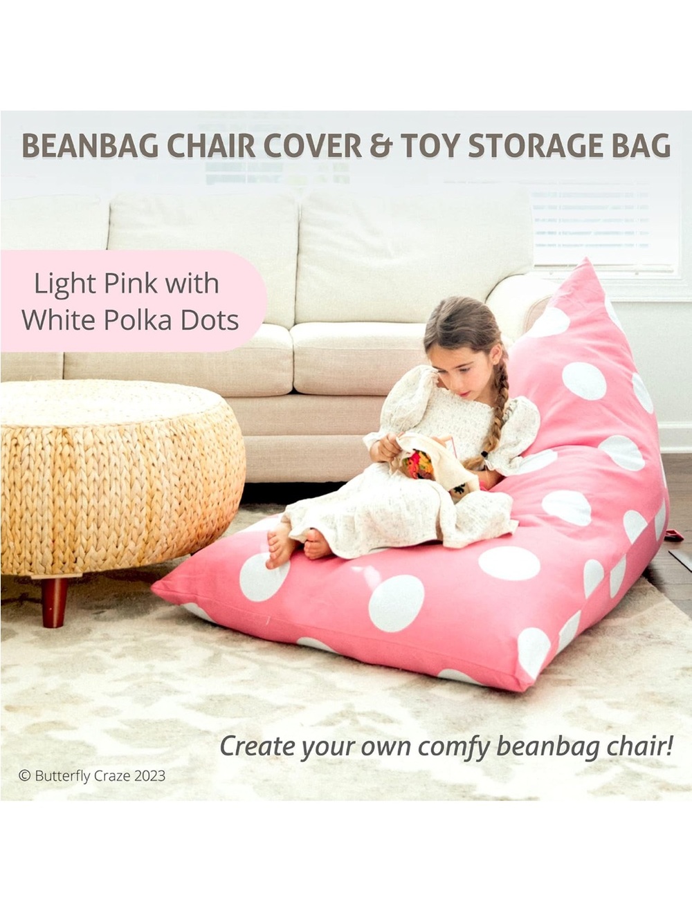 Pink Polka Dot Cozy Seat & Stuffed Animal Bean Bag Storage